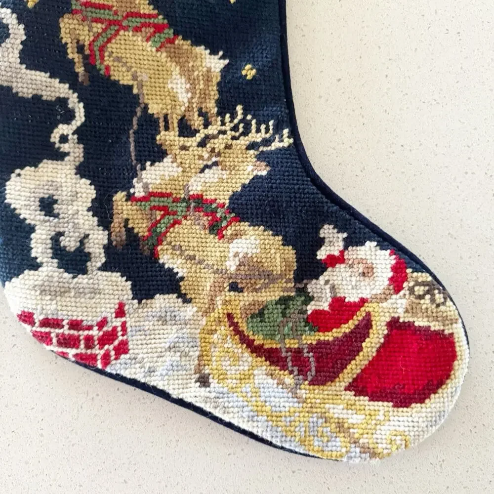 LANDS END Santa Reindeer Wool Needlepoint‎ Christmas Stocking Monogrammed Bailey